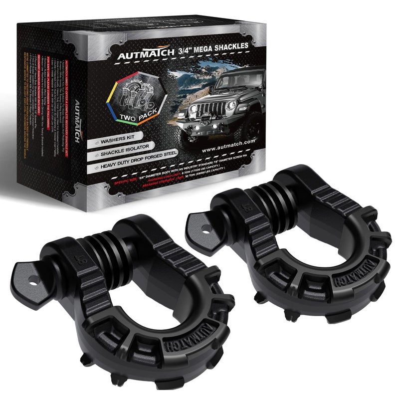 AUTMATCH D Ring الأغلال 3/4 بوصة ميجا تكبل (عبوتان) 68 000 رطل قوة كسر - تكبل Clevis 7/8 بوصة لولبية D تكبل عازل ومجموعة غسالة لحزام السحب ونش استعادة المركبات على الطرق الوعرة، أسود بلوري - Image 1